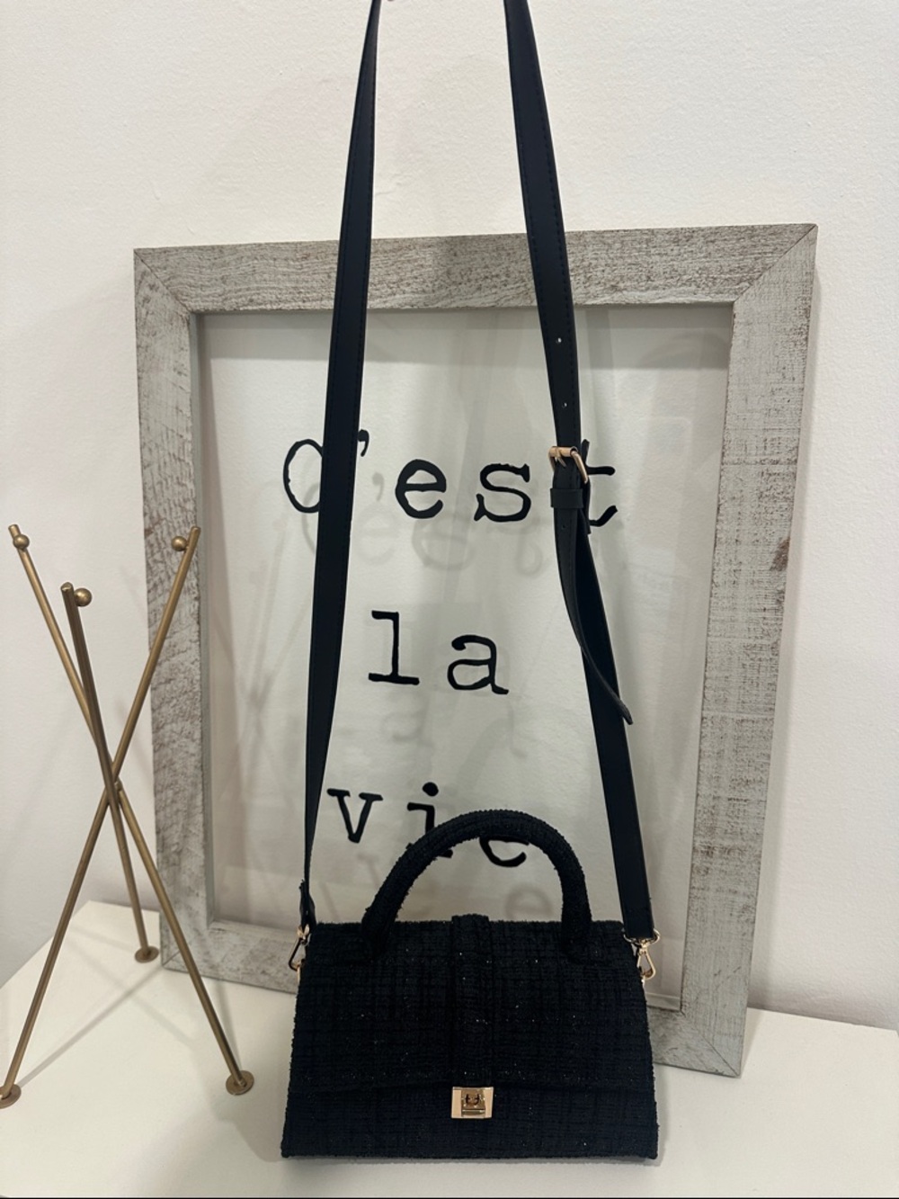 H&M Black Tweed Top-Handle Satchel with Gold-Tone Clasp - Picture 3 of 3